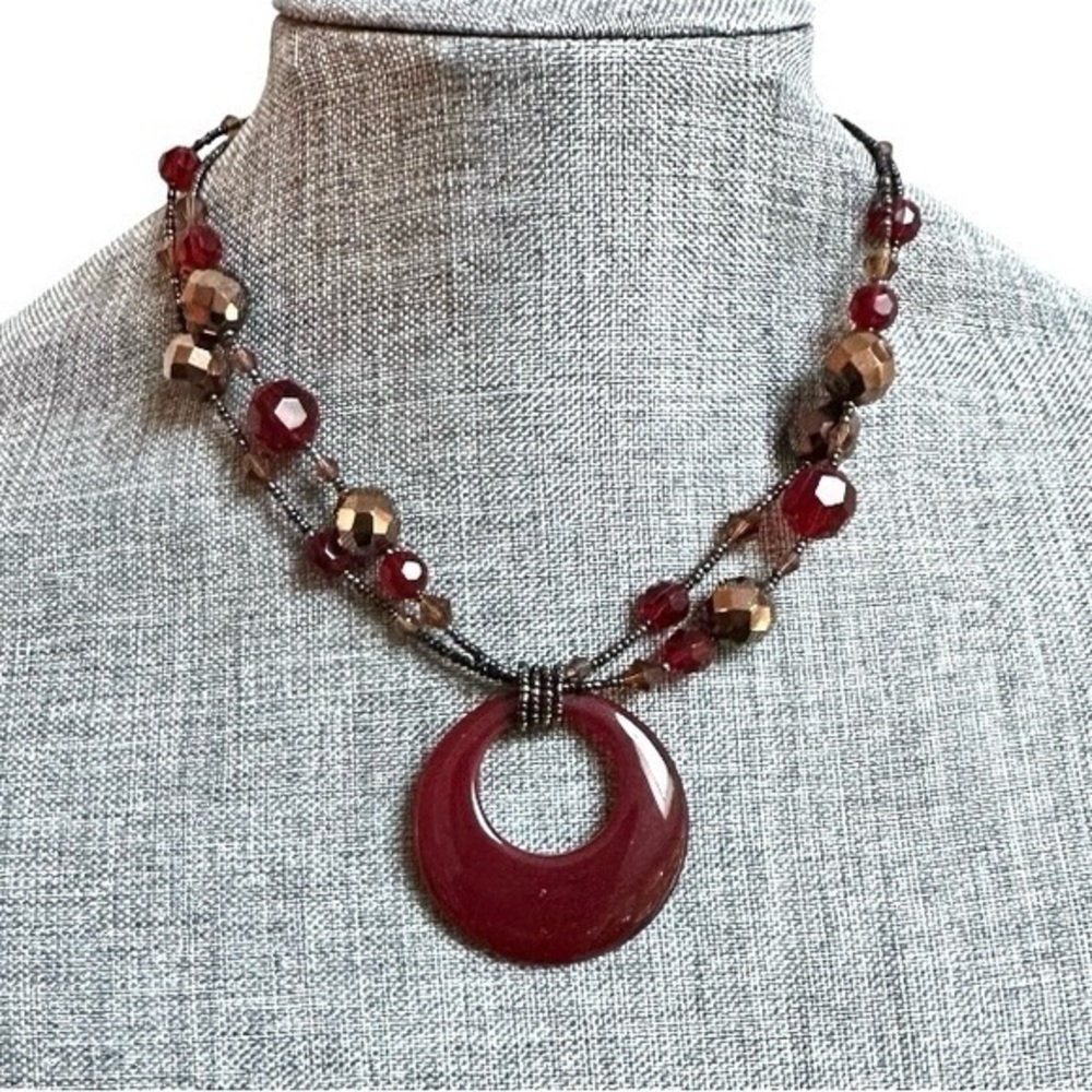 Lia Sophia Crystal Round Pendant Two-Strand Bead Statement Necklace 18” Red Gold